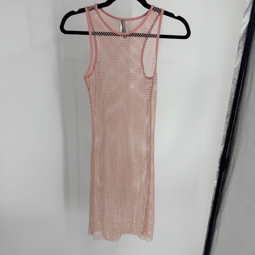 Refuge Pink Rhinestone Fishnet Mesh Sleeveless Mini Dress Sheer Festival Rave S